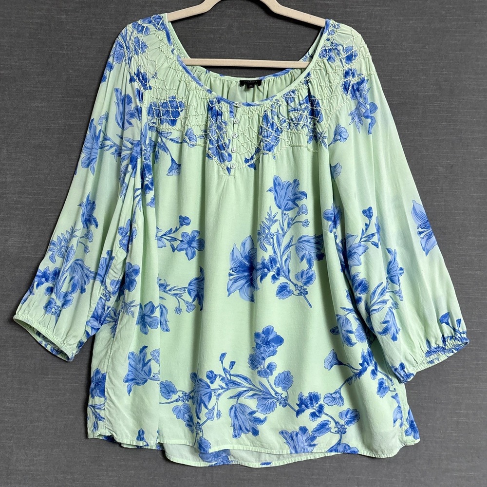 Talbots Top 3X Plus Petite Green Blue Floral Smocked Boho Blouse Classic Casual